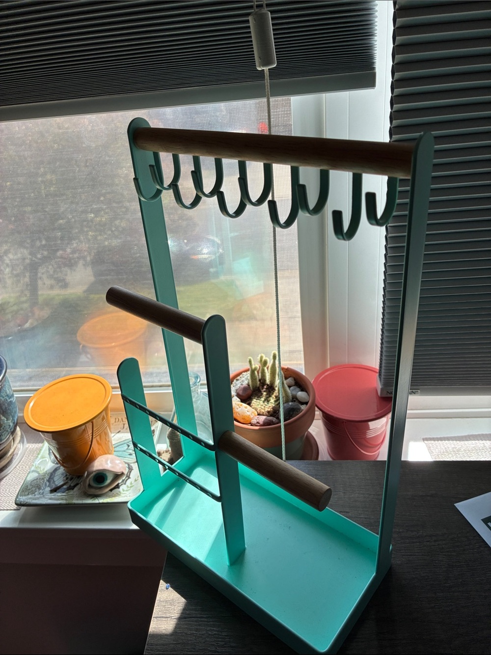 Aqua/Mint Jewelry and Accessory Organizer Stand with Wooden Rods